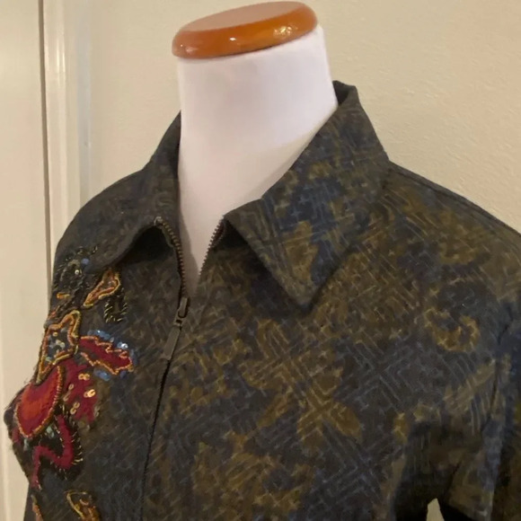 Chico’s Mottled Stretch Denim Jacket Sequin Floral - Picture 8 of 12